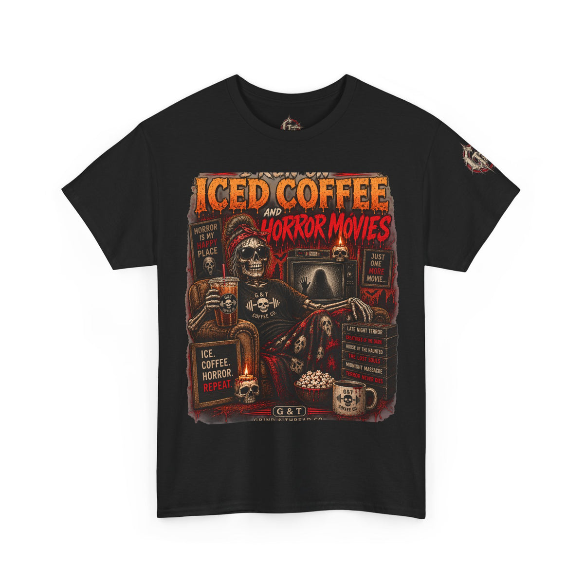 I Run on Iced Coffee and Horror Movies Shirt, Horror Coffee Tee, Spooky Shirt for Women, Halloween Coffee Graphic Tee