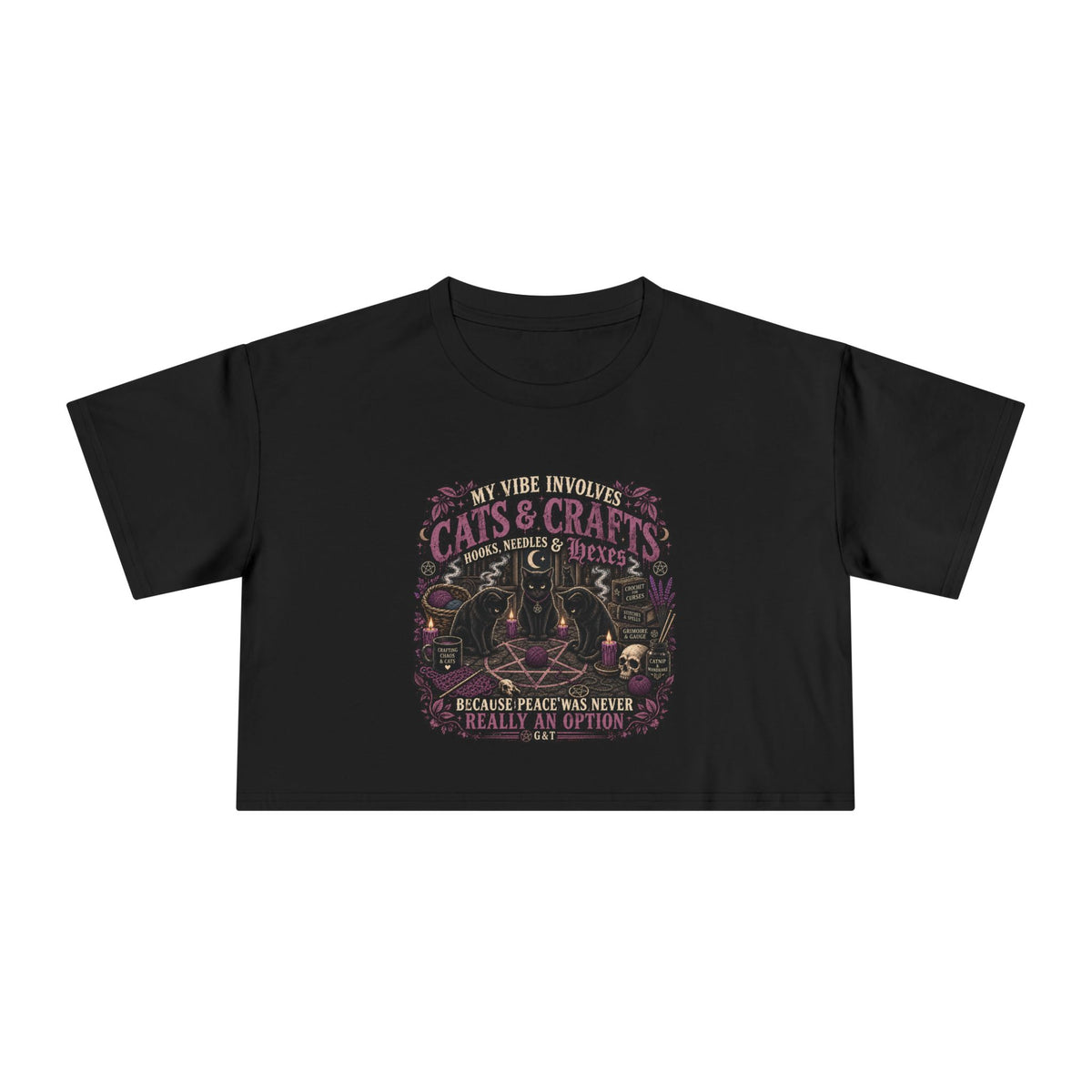 Cats & Crafts Gothic Crop Tee | Witchy Crochet Shirt | Dark Cottagecore Cat Shirt | Grind & Thread Co