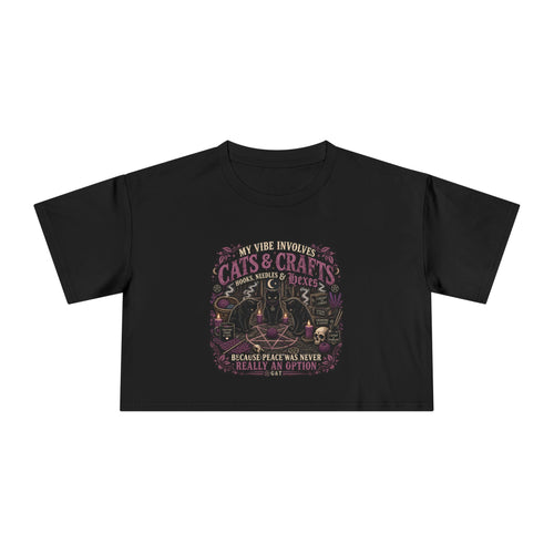 Cats & Crafts Gothic Crop Tee | Witchy Crochet Shirt | Dark Cottagecore Cat Shirt | Grind & Thread Co