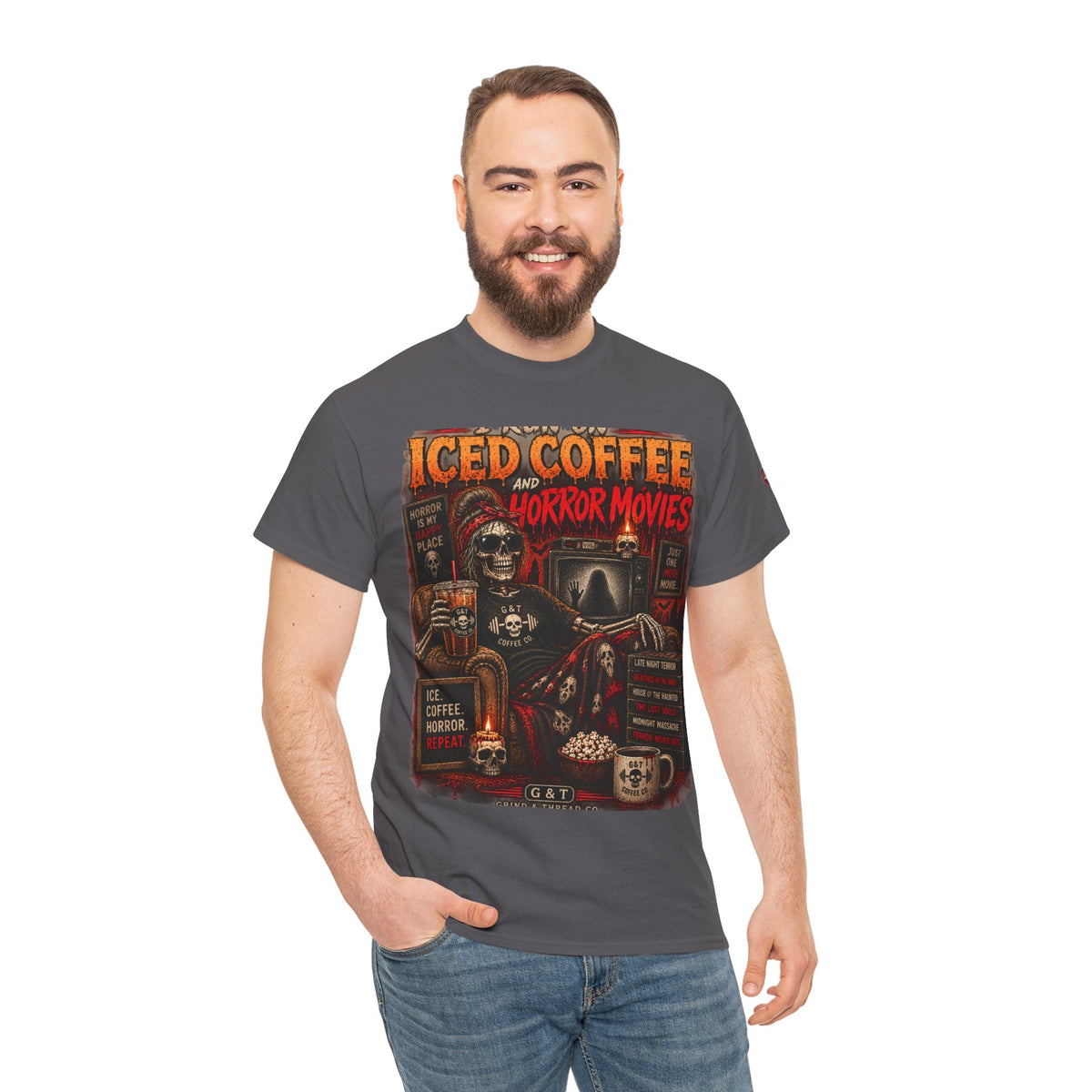 I Run on Iced Coffee and Horror Movies Shirt, Horror Coffee Tee, Spooky Shirt for Women, Halloween Coffee Graphic Tee