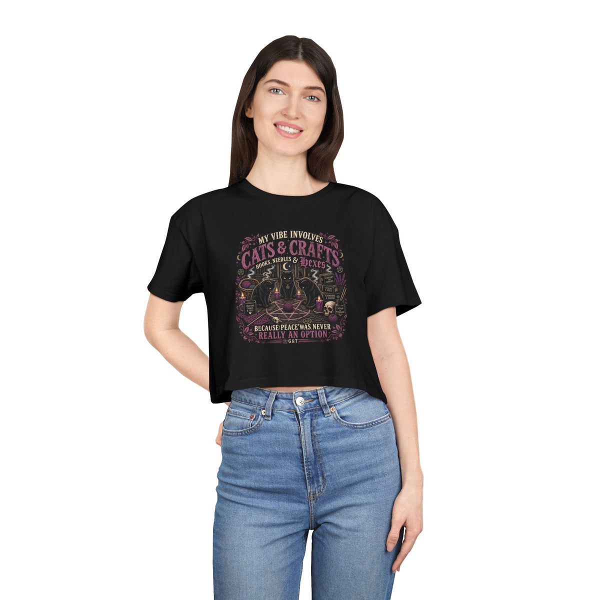 Cats & Crafts Gothic Crop Tee | Witchy Crochet Shirt | Dark Cottagecore Cat Shirt | Grind & Thread Co