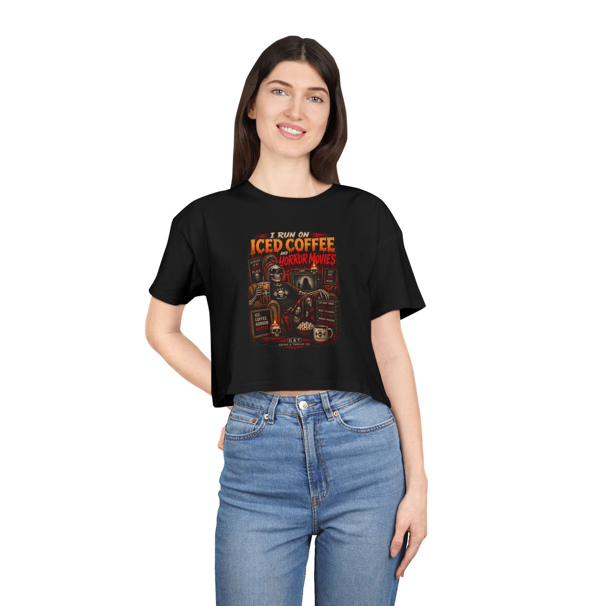 Iced Coffee & Horror Movies Crop Tee | Horror Lover Shirt | Goth Coffee Shirt | Grind & Thread Co.