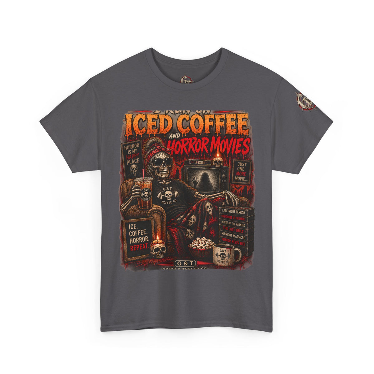 I Run on Iced Coffee and Horror Movies Shirt, Horror Coffee Tee, Spooky Shirt for Women, Halloween Coffee Graphic Tee