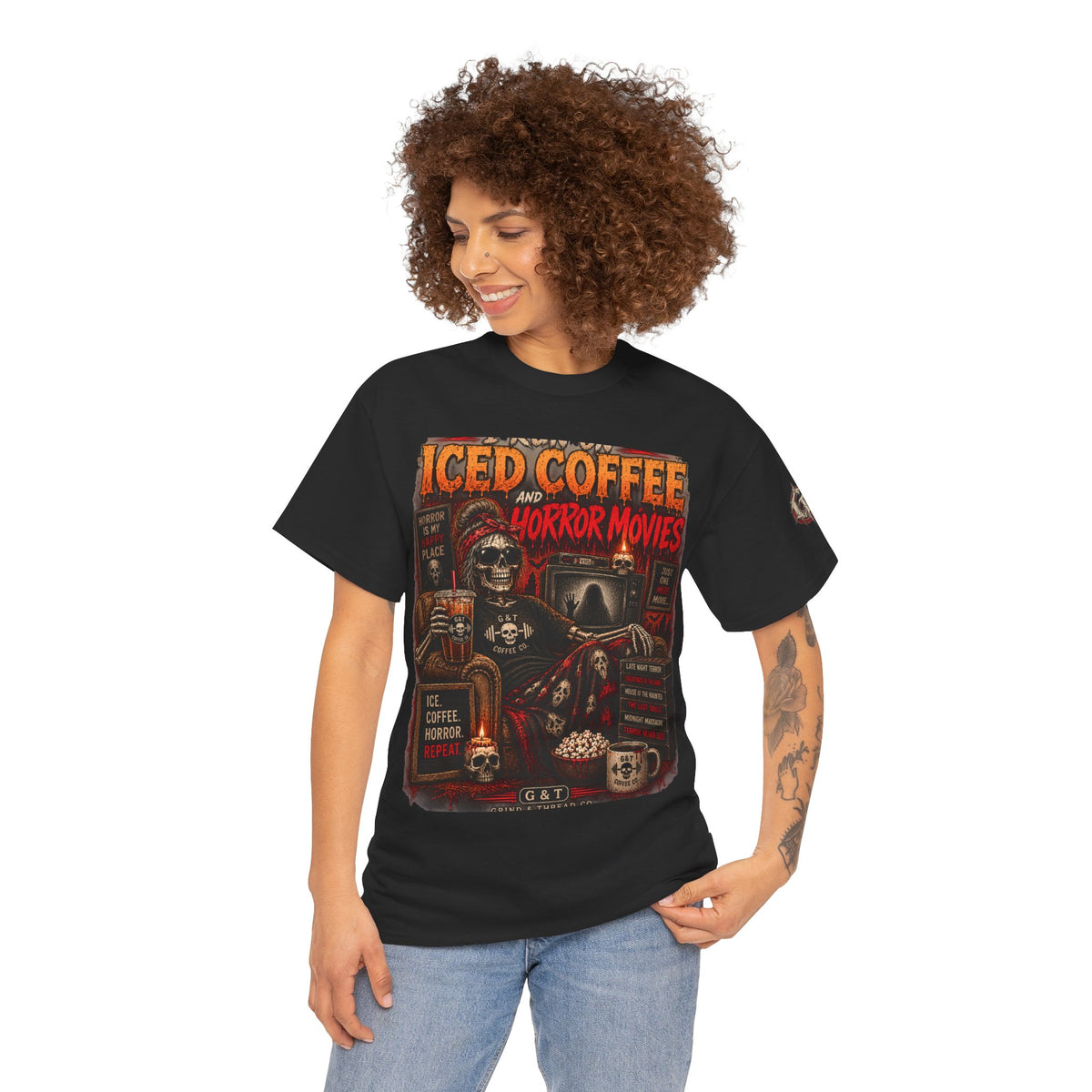 I Run on Iced Coffee and Horror Movies Shirt, Horror Coffee Tee, Spooky Shirt for Women, Halloween Coffee Graphic Tee