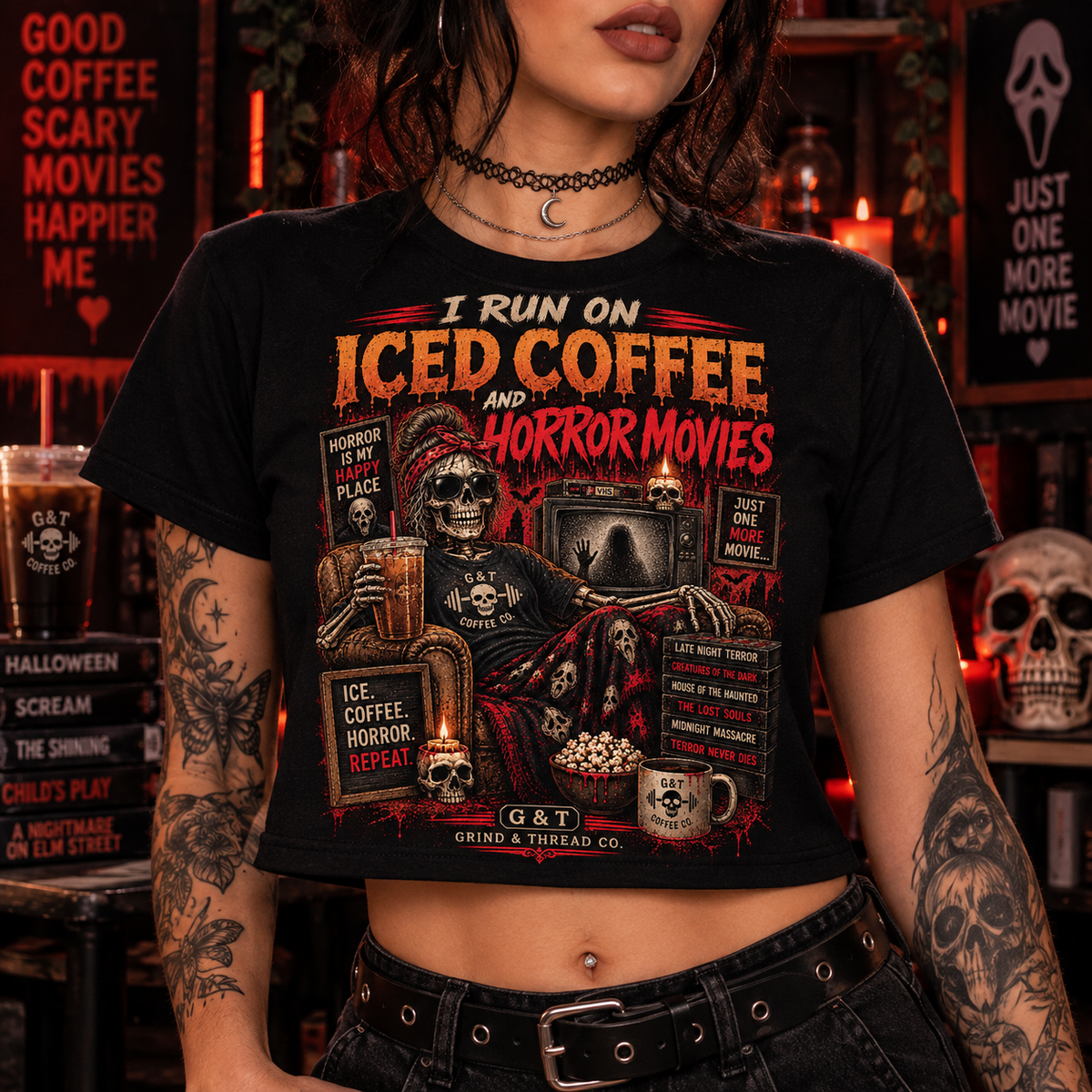 Iced Coffee & Horror Movies Crop Tee | Horror Lover Shirt | Goth Coffee Shirt | Grind & Thread Co.