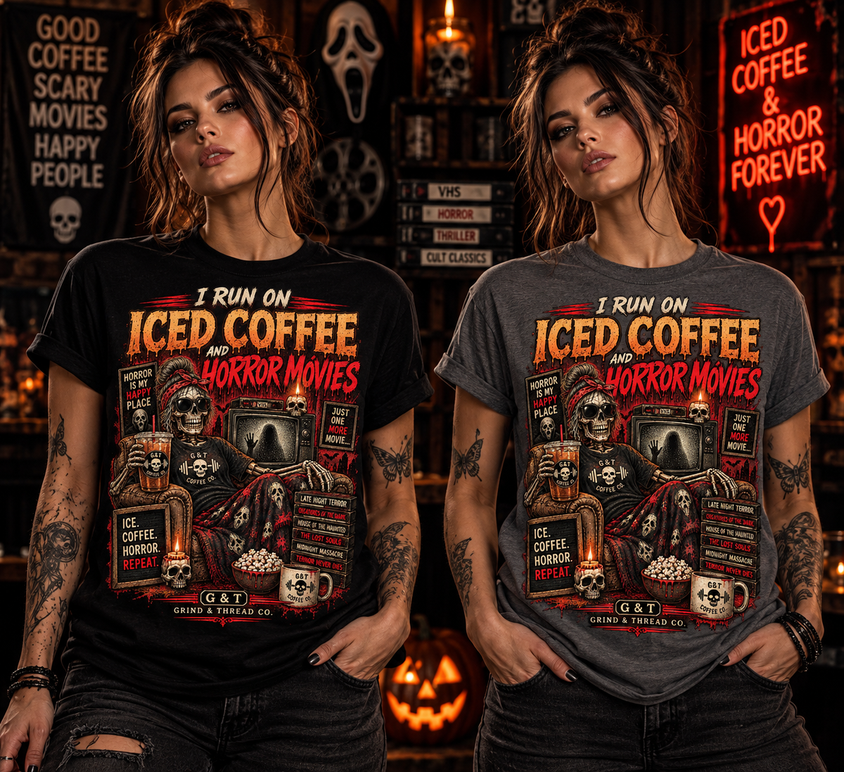 I Run on Iced Coffee and Horror Movies Shirt, Horror Coffee Tee, Spooky Shirt for Women, Halloween Coffee Graphic Tee