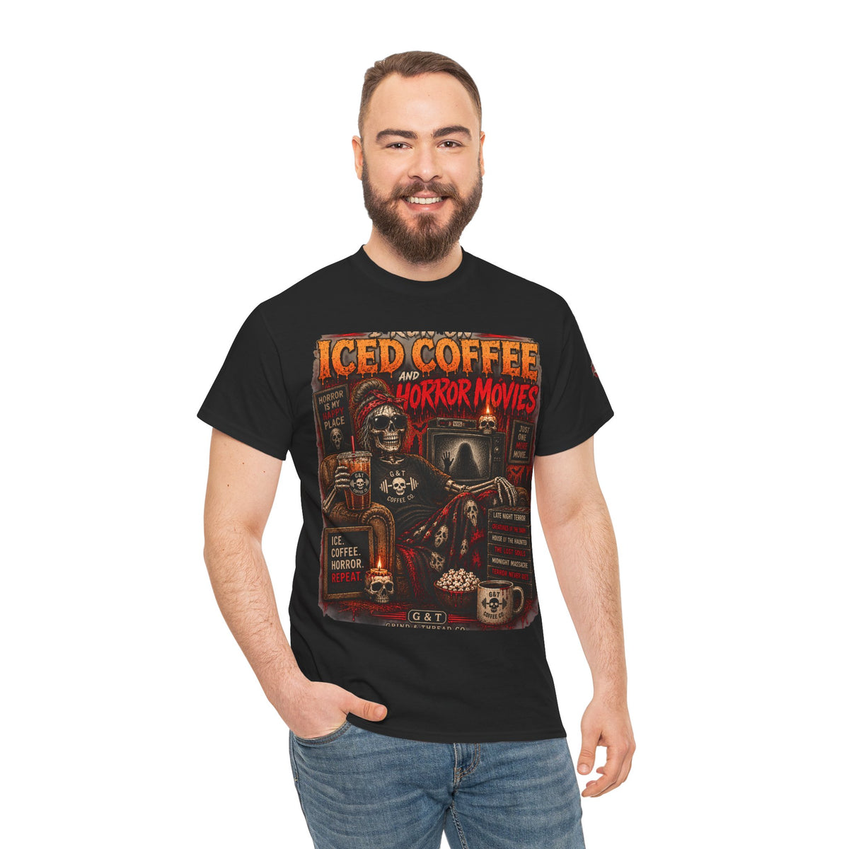 I Run on Iced Coffee and Horror Movies Shirt, Horror Coffee Tee, Spooky Shirt for Women, Halloween Coffee Graphic Tee