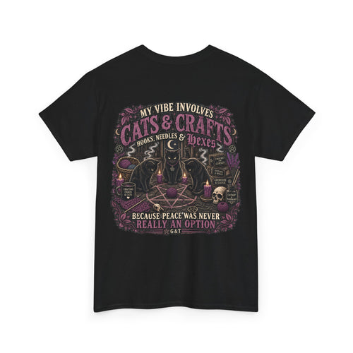 Cats and Crafts Witchcraft Tee, Gothic Cat T-Shirt, Crochet Lover Shirt, Witchy Cat Tee, Dark Cottagecore Craft Shirt, G&T Graphic Tee