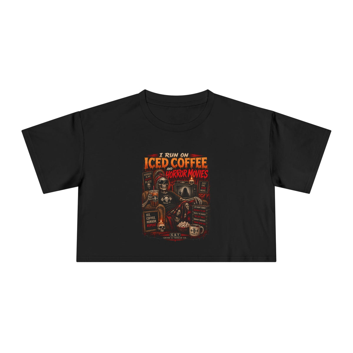 Iced Coffee & Horror Movies Crop Tee | Horror Lover Shirt | Goth Coffee Shirt | Grind & Thread Co.