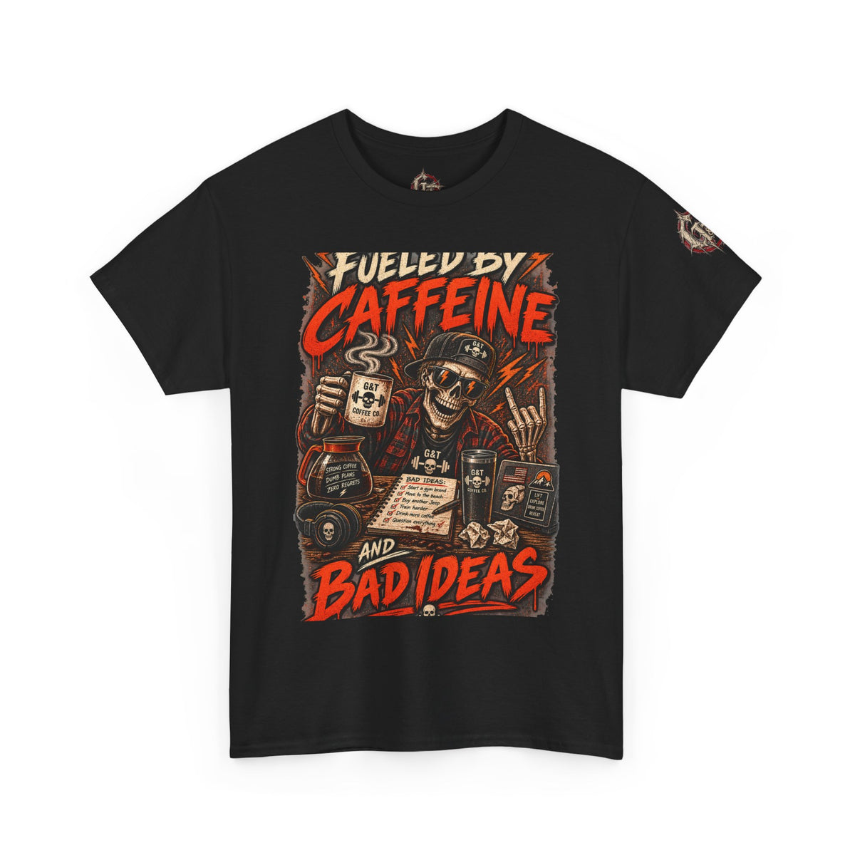 Fueled by Caffeine and Bad Ideas Shirt, Coffee Lover T-Shirt, Funny Caffeine Tee, Skeleton Coffee Shirt, Gothic Graphic Tee